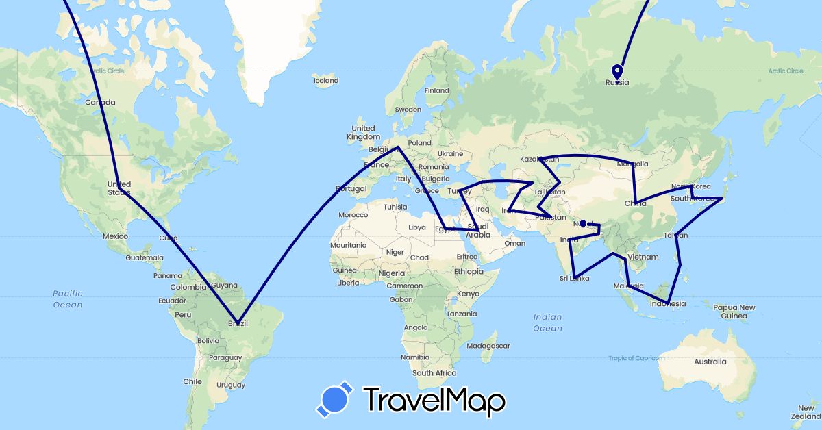 TravelMap itinerary: driving in Bangladesh, Bhutan, China, Germany, Egypt, Georgia, Indonesia, India, Japan, Kyrgyzstan, North Korea, South Korea, Sri Lanka, Mongolia, Malaysia, Philippines, Pakistan, Russia, Tajikistan, Turkmenistan, Turkey, Taiwan, Uzbekistan (Africa, Asia, Europe)